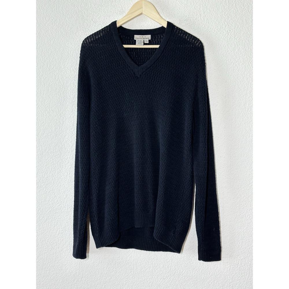 Vtg 90 Eddie Bauer Sweater‎ Linen Cotton M Navy Blue V Neck Pullover Preppy Golf